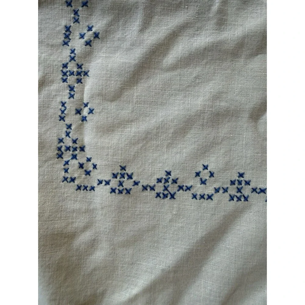 VTG Cotton Embroidered  Cross Stitch Tablecloth With Gingham Bluebird 68 X 54”